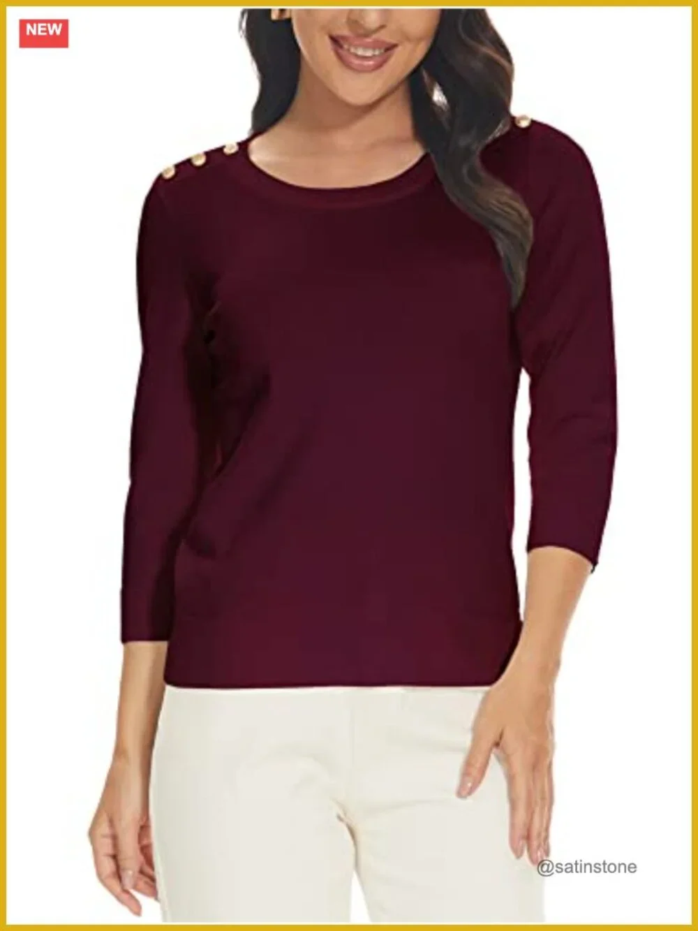 Women's 3/4 Sleeve Crewneck Sweater with Shoulder Buttons - Lightweight - Picture 4 of 5